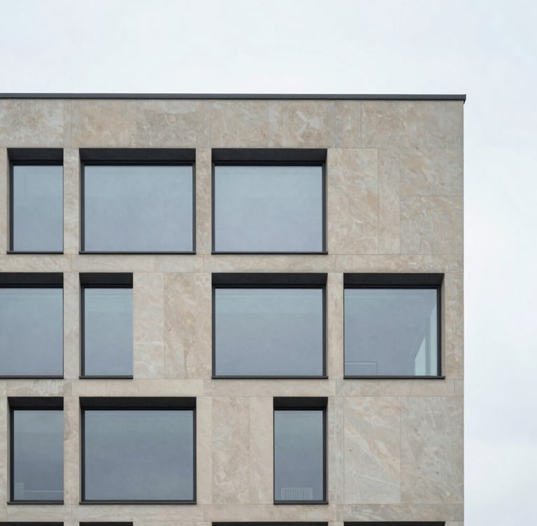 Minimalist architectural photography, clean geometric lines of a contemporary office building facade in Luxembourg, soft overcast daylight, cool slate and champagne tones, 35mm lens
