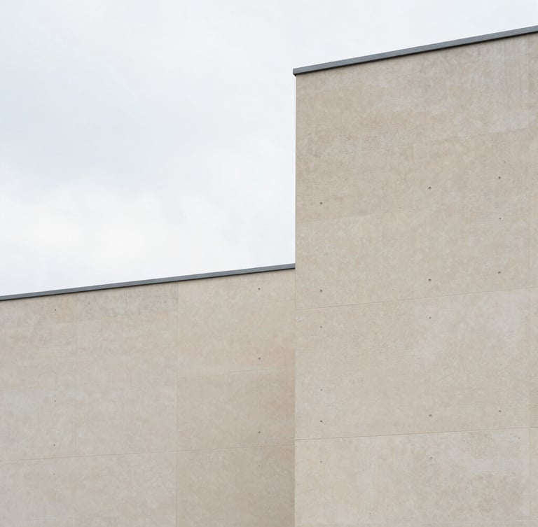 Minimalist architectural detail of the European Court of Justice building in Luxembourg, clean concrete lines, soft overcast daylight, elegant composition, 35mm lens