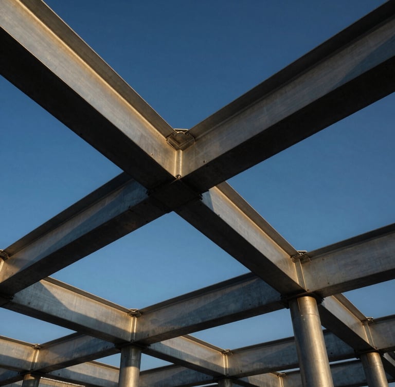 Low-angle architectural shot of heavy industrial steel beams under construction, dramatic daylight casting sharp shadows, high-contrast metallic textures, blue sky background.