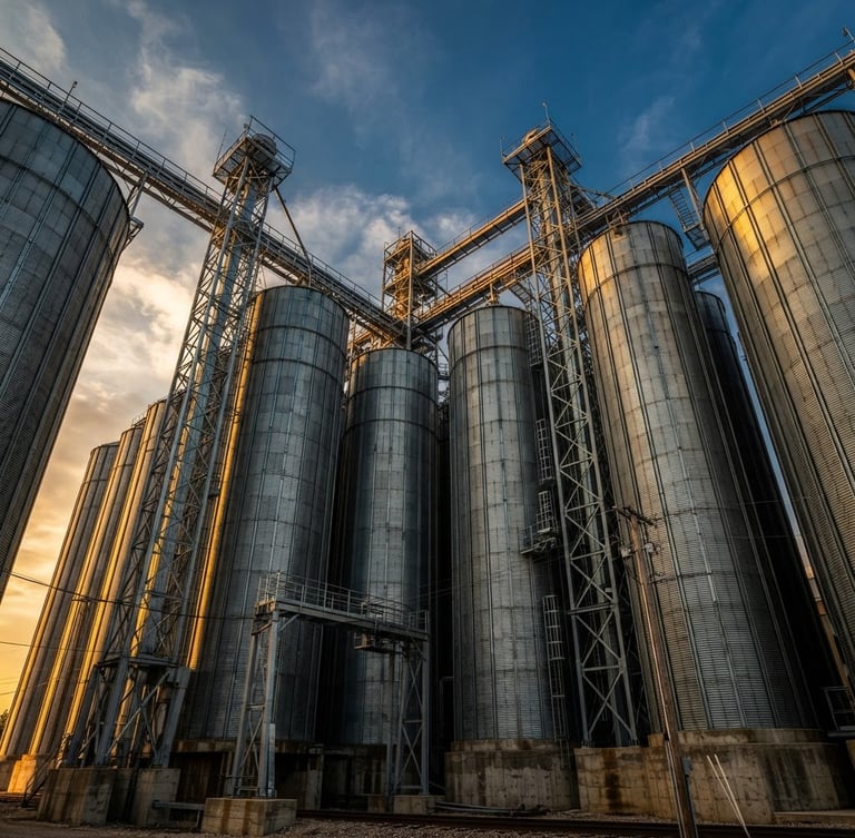 Low-angle architectural photography of a massive metallic grain silo complex under bright daylight, sharp focus, industrial steel beams.