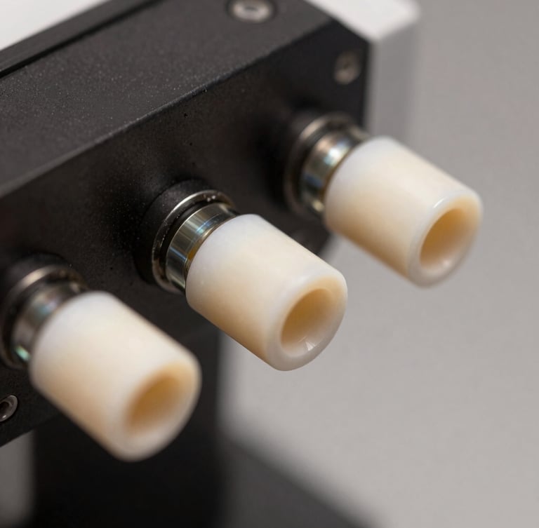 Macro close-up of clinical laser optics, sharp focus on calibrated glass elements, soft directional lighting with controlled shadows, alabaster highlights, landscape aspect.