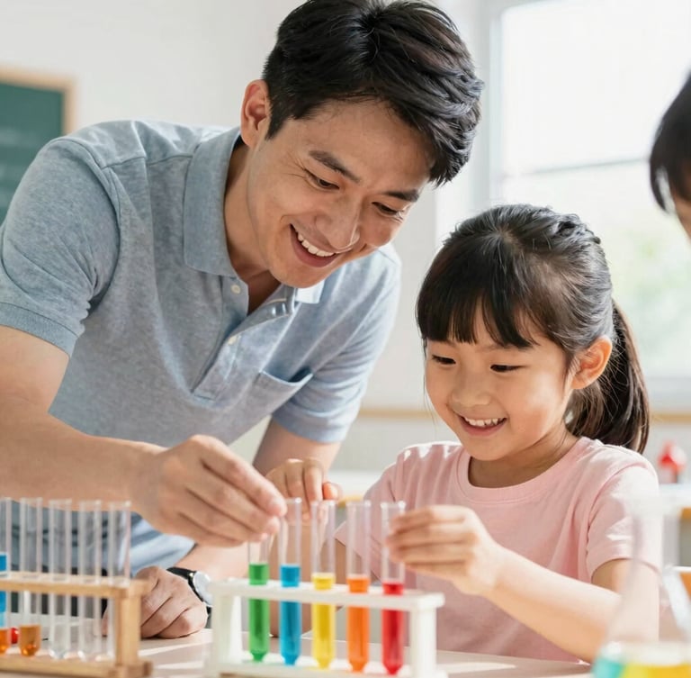 Candid medium shot of a smiling mentor guiding a young girl through a colorful hands-on STEM science experiment with test tubes, bright natural light, joyful expressions