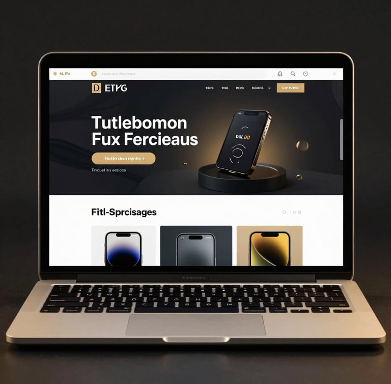 Front-facing close-up of an Apple-style laptop mockup displaying a high-fidelity dark-mode e-commerce interface with subtle gold highlights and sharp typography, set against a dark studio background with golden rim lighting.