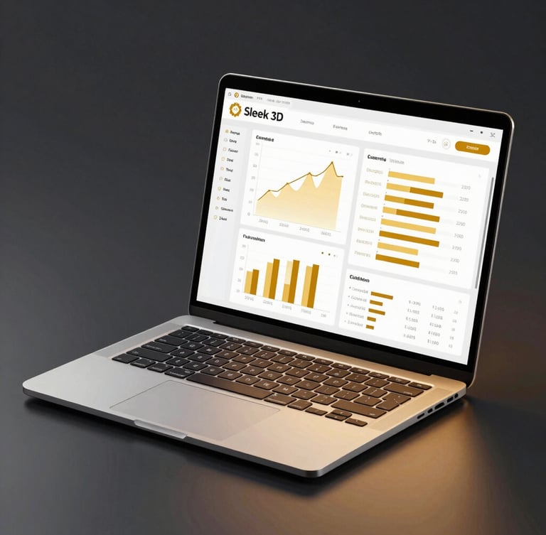 Sleek 3D laptop mockup on a dark reflective surface, displaying a high-fidelity e-commerce dashboard with golden analytics charts, subtle warm gold rim lighting.