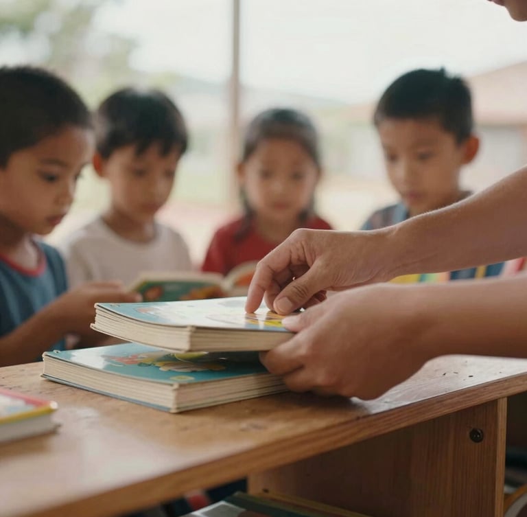Candid close-up of a volunteer's hands organizing children's books on a low wooden shelf, soft natural daylight, warm clay tones, shallow depth of field, documentary style.