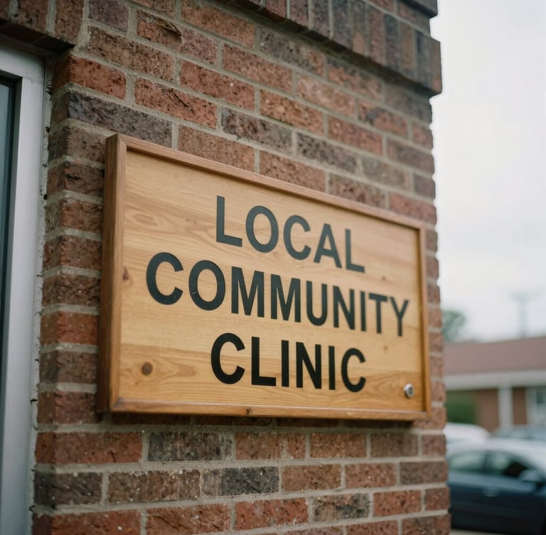 Candid documentary shot of a local community clinic storefront in overcast daylight, a warm wooden sign on the brick wall, shallow depth of field, 35mm film style.