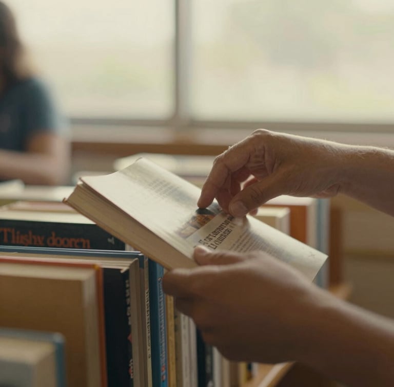 Candid documentary-style close-up of hands sorting books for a local classroom library, warm golden hour light, shallow depth of field