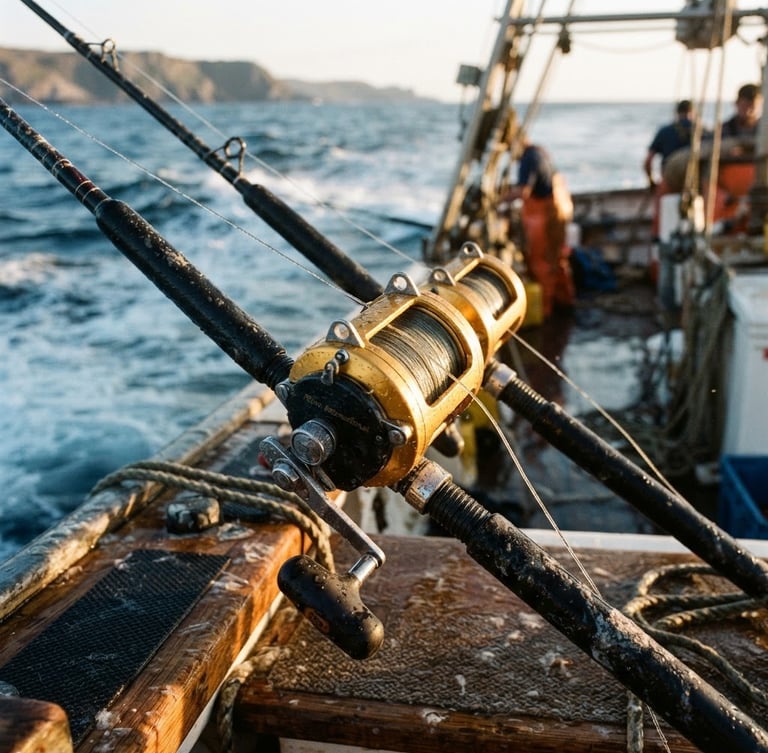 Authentic marine photography, close-up of wet fishing reels and rods with sea spray on deck, early morning golden light, 35mm