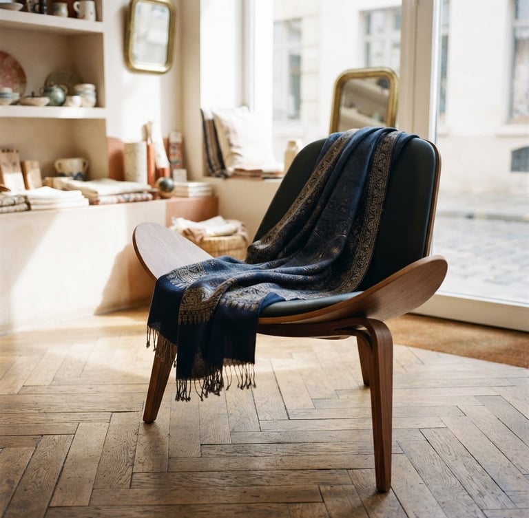 A high-end editorial shot of a luxury Kashmir Pashmina shawl elegantly draped over a minimalist modern chair in a sunlit European boutique, natural directional light, rich indigo accents, sharp focus.