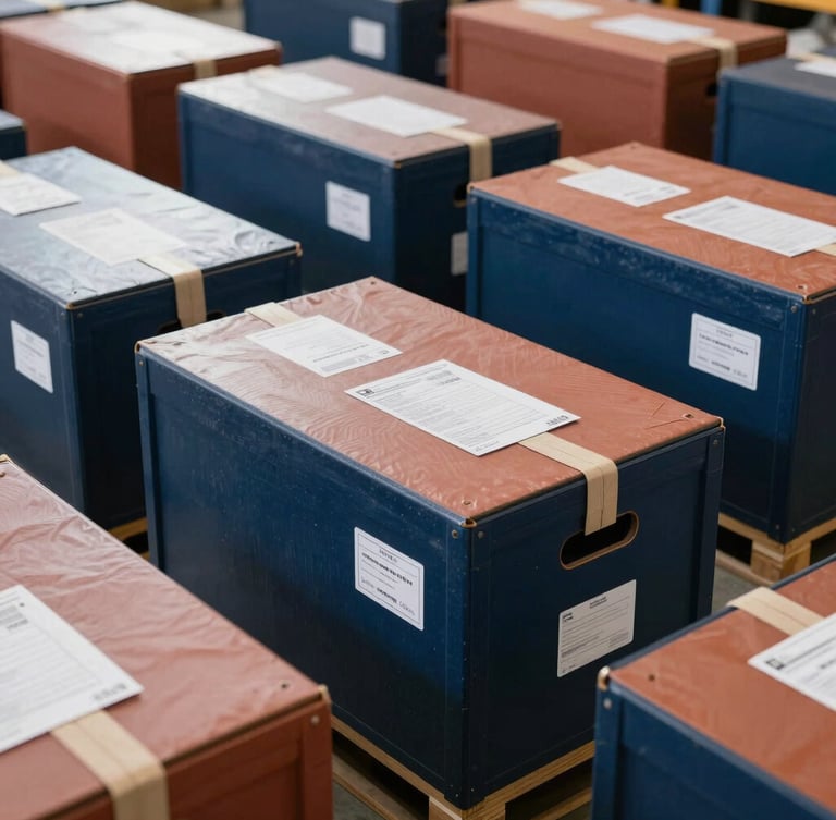 A wide shot of custom-built export crates being sealed and labeled with shipping documents inside a modern, well-lit warehouse, natural directional light, sharp focus.