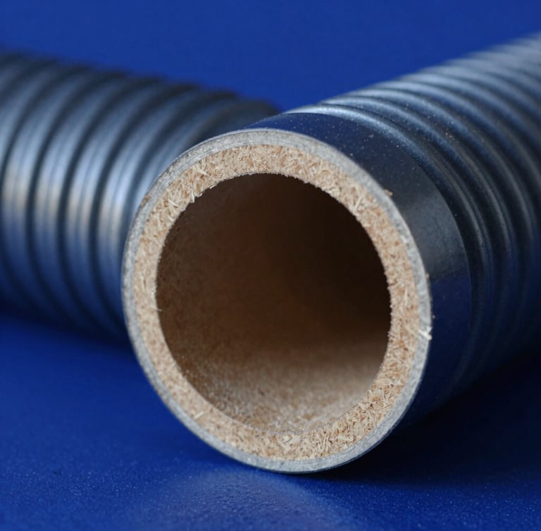 Macro shot of a corrugated flute cross-section under high-contrast blue laboratory lighting, showing paper texture and structural fluting, 35mm