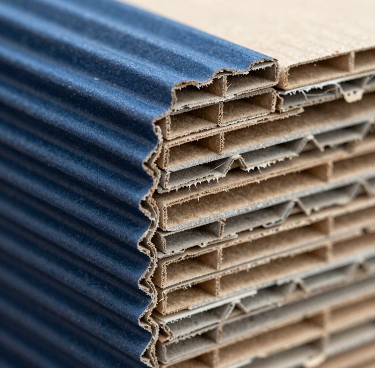 Macro photograph of heavy-duty 5-ply corrugated cardboard cross-section, showing distinct flute profiles, sharp technical lighting, industrial blue tones, 35mm