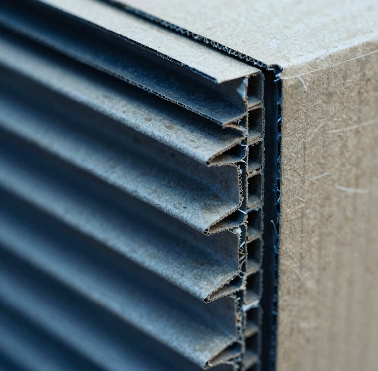 Macro close-up showing the structural fluting of heavy-duty 7-ply corrugated cardboard, sharp technical lighting with cool blue tones, raw kraft paper texture, 35mm