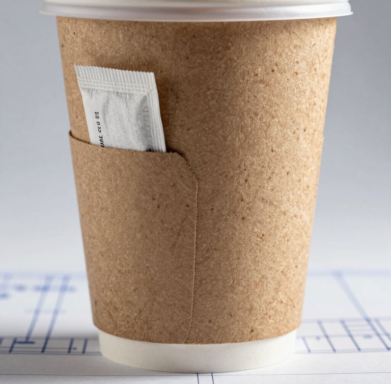 Macro technical studio shot of a 300g Kraft liner coffee cup, showing the precise die-cut pocket on the side containing a wrapped sugar packet and stirrer, clean shadows, blueprint lines in background