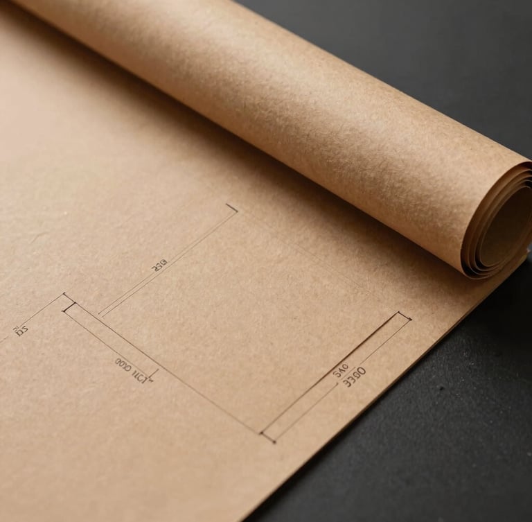 Close-up technical flat-lay of the unrolled Sleeve-Pocket template, showing the die-cut lines, dimensions, and structural layers of the 300g Kraft liner.