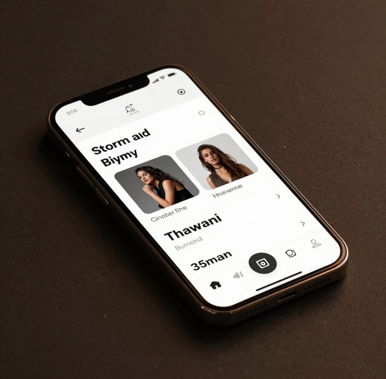 Sleek mobile UI mockup of Storm and Thawani apps displayed on a modern smartphone screen, low-key moody studio lighting with warm bronze-gold reflections, clean dark background, macro close-up, 35mm