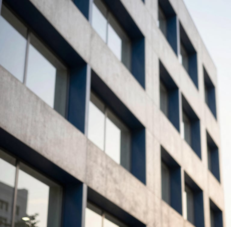 Abstract corporate architectural lines representing structure and institutional safety, clean concrete and steel angles under soft natural daylight, shallow depth of field, 35mm