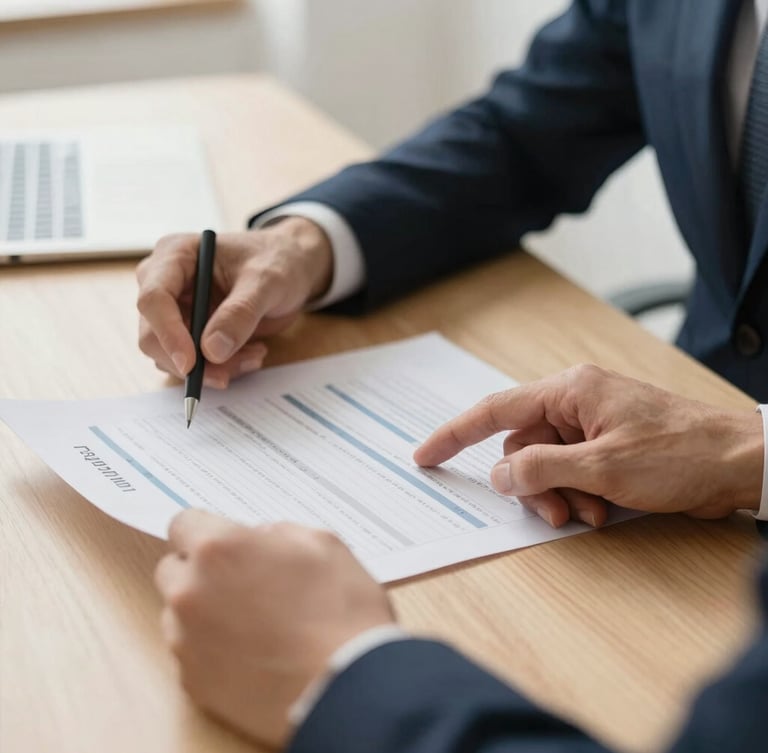 Close-up of professional hands analyzing structured financial reports on a clean wooden desk, warm champagne tones, soft indoor daylight, shallow depth of field, 35mm