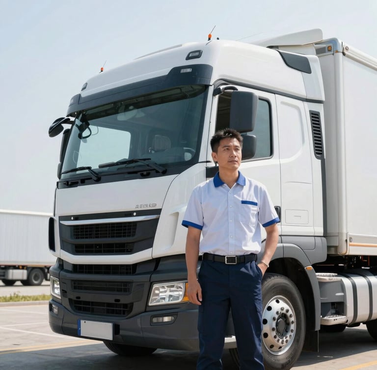 A professional commercial driver in a clean uniform sitting in a modern truck cab, looking out with a confident expression, bright morning daylight.