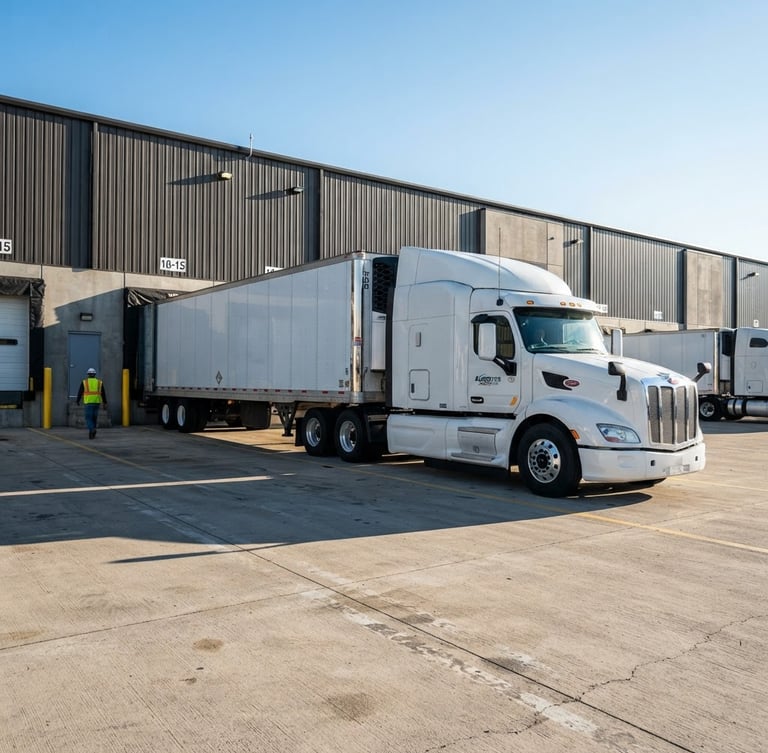 A clean commercial freight truck parked at a modern Lancaster loading dock, crisp morning daylight casting long shadows, sharp focus, professional industrial photography.
