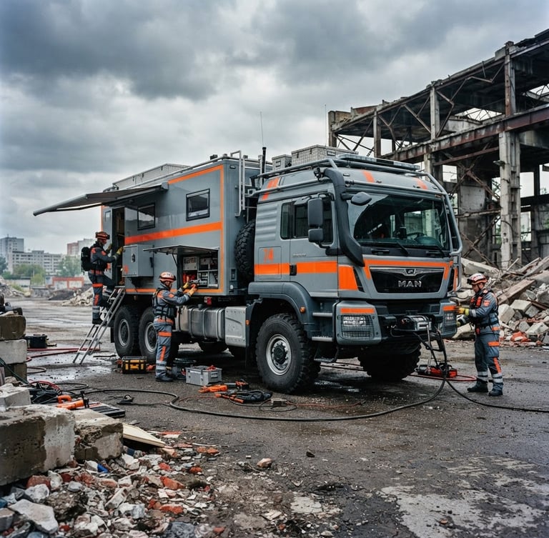 Wide shot of a staged disaster response vehicle, heavy-duty truck, industrial editorial photography, dramatic overcast daylight, high-contrast cool grays with safety orange accents, sharp focus, 35mm