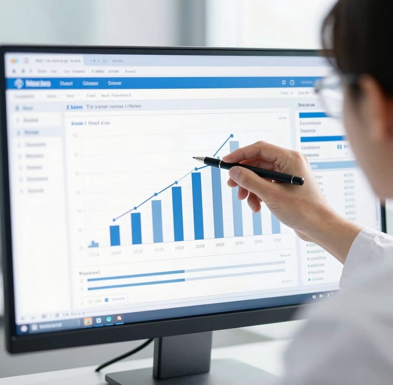 Close-up of a researcher analyzing statistical model outputs on a clean monitor, professional editorial photography, bright natural daylight, clean corporate blue tones