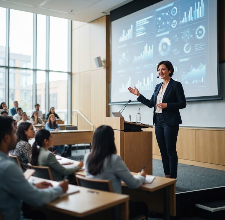 A bright, modern academic lecture hall with a professional presenter showing statistical data on a large screen, daylight pouring in, 35mm lens, sharp focus