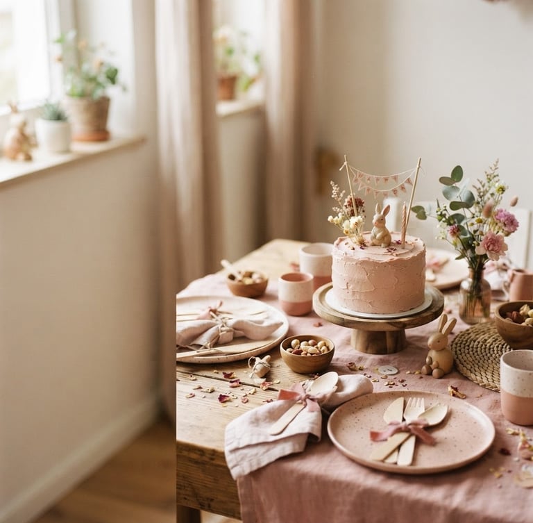 Close-up shot of a beautifully arranged children's party table, dusty pink and warm terracotta color palette, soft natural daylight, shallow depth of field, wooden and ceramic ornaments, a small cake in the center, festive but elegant. The table is positioned on the right side of the frame with ample negative space on the left.