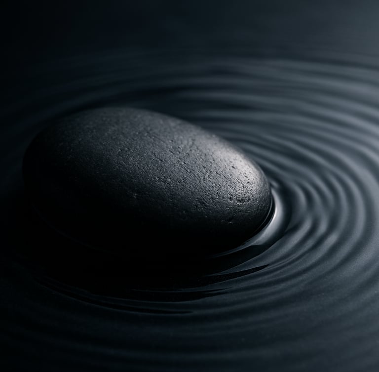 Close-up of smooth dark basalt stone with water ripples, side lighting, minimalist composition, quiet luxury texture.