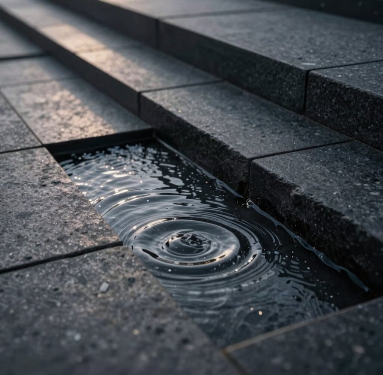 Extreme close-up of dark basalt stone with structured, geometric water ripples, soft dramatic side-lighting, clean minimalist architecture.