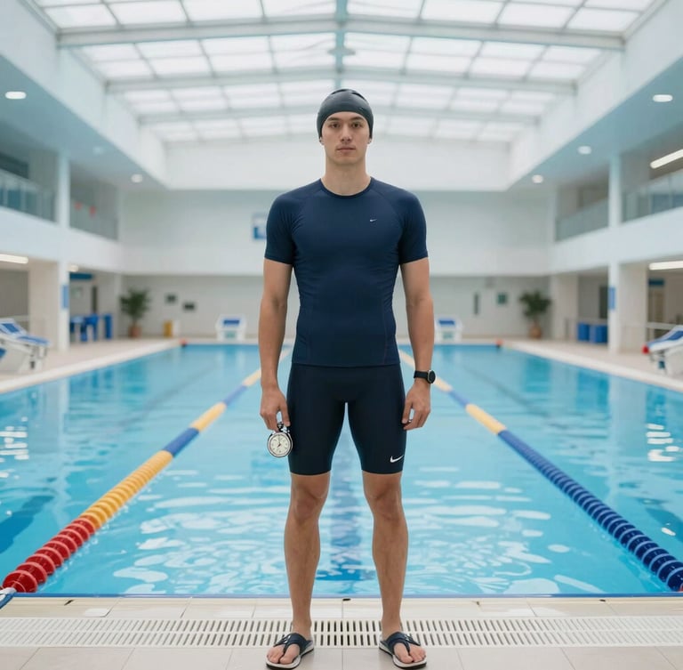Crisp indoor pool sports photography, portrait of a professional swimming coach standing by the pool deck with a stopwatch, natural light from glass roof, 35mm