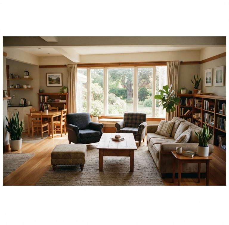Wide panoramic shot of a sunlit, clean common living area in a recovery home, neat furniture, no people, warm natural window light, 35mm film style, shallow depth of field.