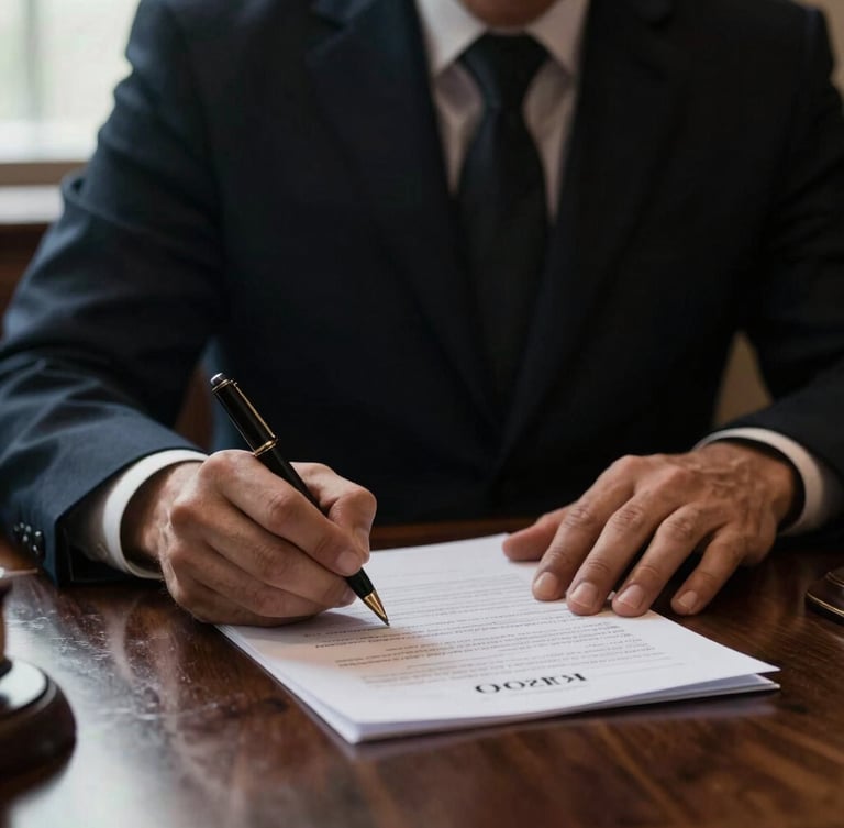 Close-up of a lawyer's hands signing legal documents on a dark wooden desk, warm low-key lighting, soft focus, prestigious atmosphere