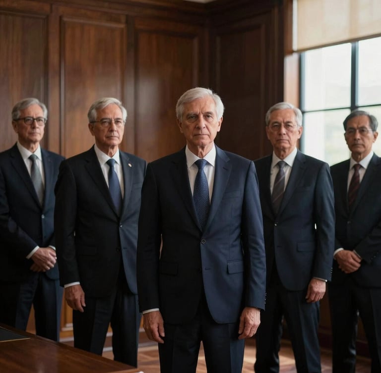 Elegant portrait of a team of senior attorneys in dark formal suits standing solemnly in a classical wood-paneled law office, warm side window light, deep navy and bronze tones, shallow depth of field, 35mm