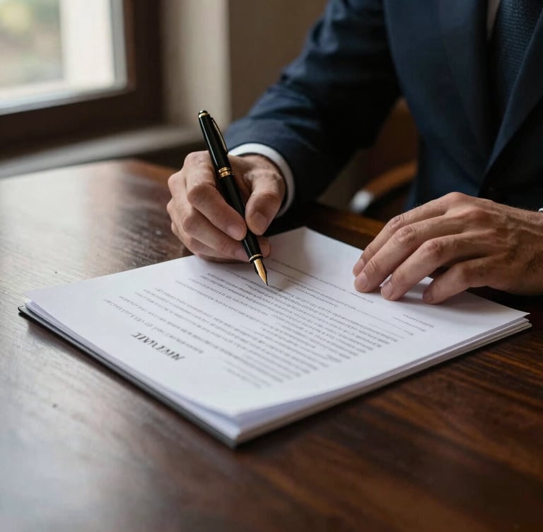 Solemn close-up of a legal document on a dark wooden desk, hands of a lawyer in a dark formal suit holding a fountain pen, dramatic side window light