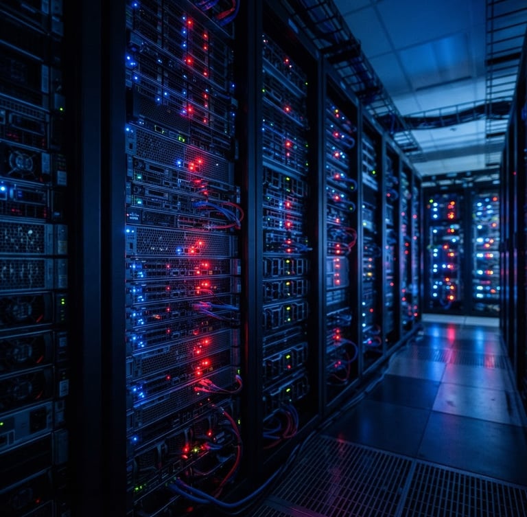 Wide shot of server racks with glowing blue and red status lights, macro depth of field, cool blue ambient light, sharp red LED accents, 35mm lens.