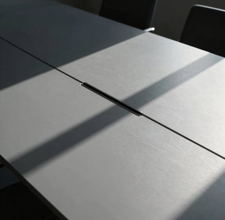 Crisp architectural photography of a minimalist boardroom table with sharp geometric shadows, hard directional daylight, cool gray tones, high contrast