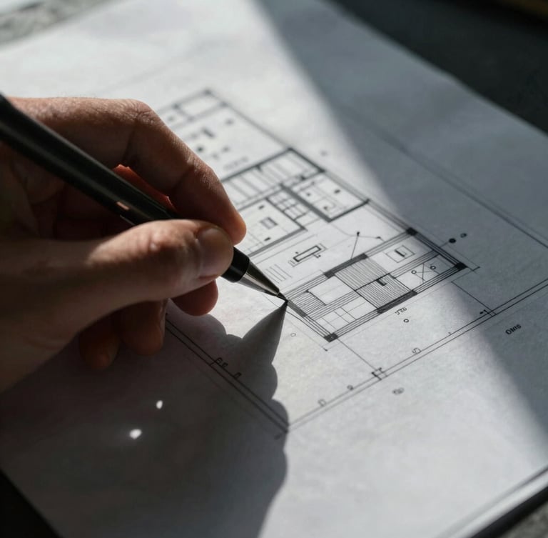 Extreme close-up of a technical architectural blueprint laid flat on a slate table, a hand holding a steel drafting pen drawing a precise line, crisp shadows from window light, high contrast, cool gray and deep slate tones, 35mm lens.