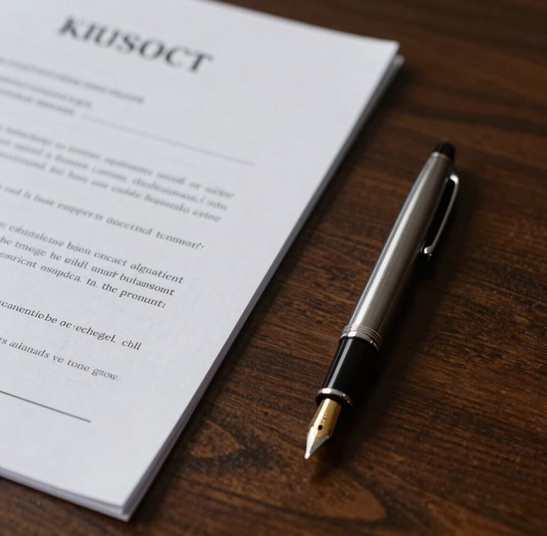 Close-up of legal documents and a classic fountain pen on a dark wood table, dramatic side lighting casting deep shadows, sober editorial atmosphere.
