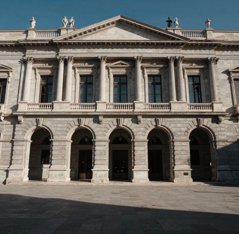 Wide environmental shot of an imposing classical courthouse facade in Spain, natural high-contrast side lighting casting deep shadows, sober architectural details, ample negative space.