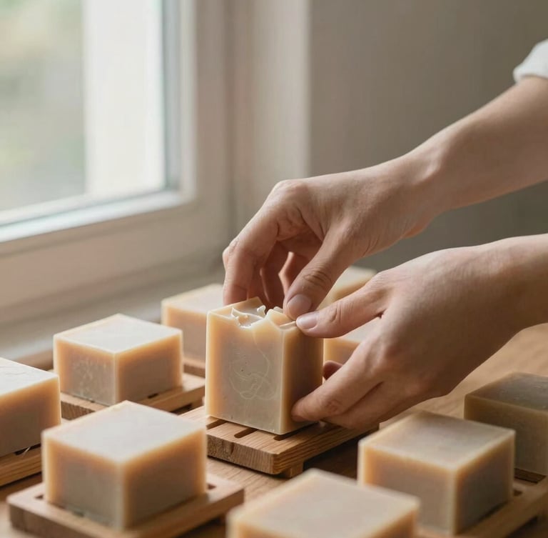 Hands carefully arranging hand-poured soap bars on rustic wooden curing racks, soft side-lighting from a dusty window, natural shadows, warm minimalist aesthetic