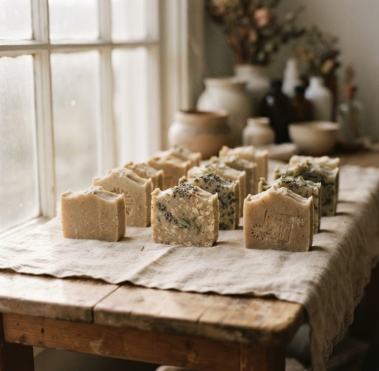 Soft morning window light illuminating a serene wooden shelf in our studio, raw soap bars curing on linen sheets, earthy muted tones, macro depth of field, 35mm
