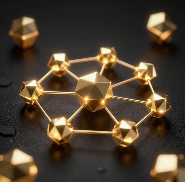 Dark-mode 3D render of glowing blockchain nodes connecting in an obsidian void, dramatic gold lighting, high-contrast structural schematic, macro octane render.