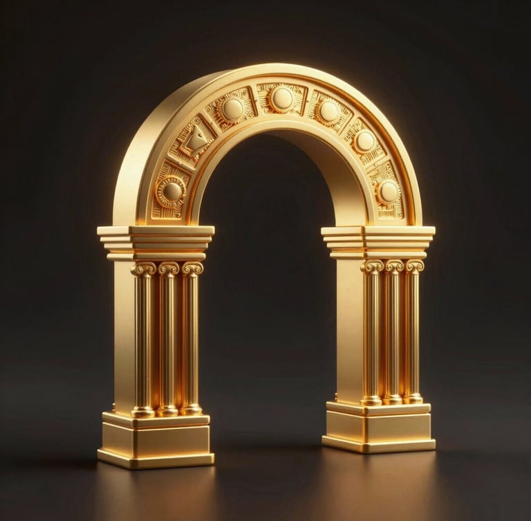 A high-fidelity 3D render of structured blockchain nodes forming a classical architectural arch, glowing with soft gold light, deep shadows, octane render