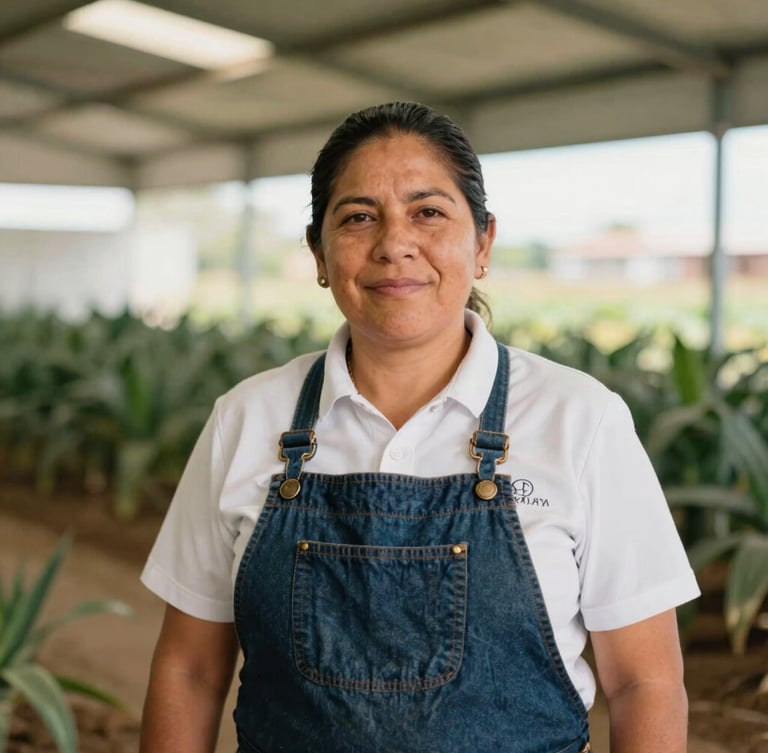 Medium environmental portrait of a Mexican business owner in a sunlit agricultural facility, professional film style, warm daylight, commercial environment