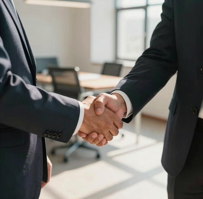 Close-up of a warm handshake between two business partners in a sunlit regional office, professional film style, warm daylight.