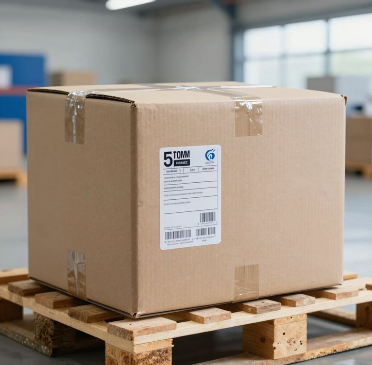 Close-up of a sealed cardboard shipping box with clear logistics labels, on a wooden pallet inside a bright, modern warehouse, daylight, 35mm lens.