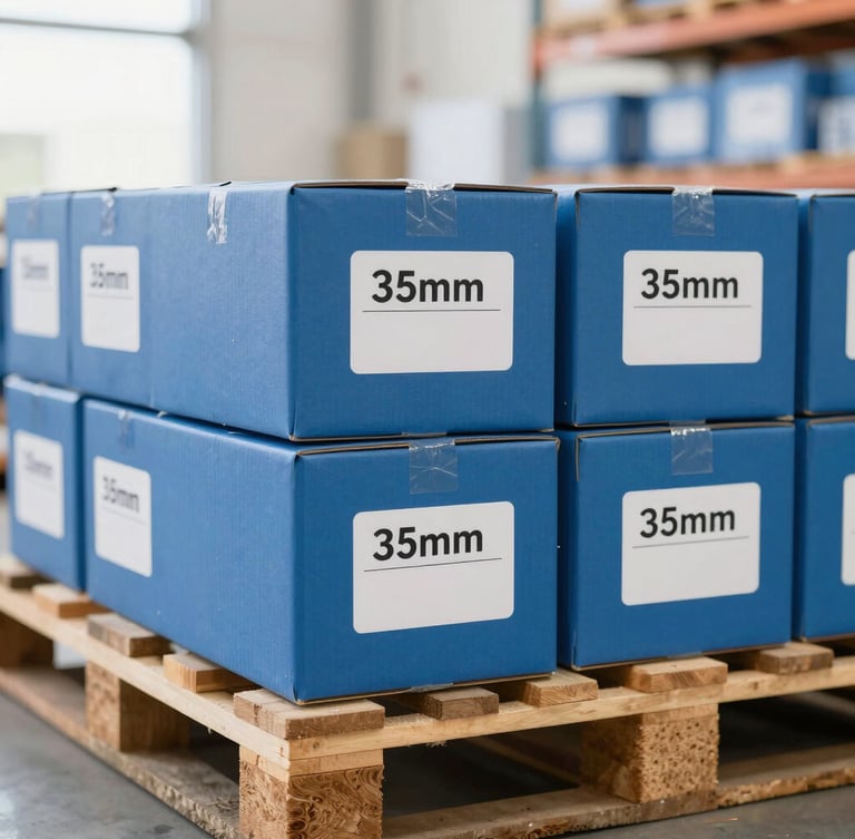 Close-up of labeled cargo boxes on a wooden pallet inside a bright, clean warehouse, natural daylight, 35mm lens