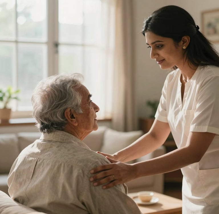 A warm, respectful Indian caretaker assisting an elderly person in a bright living room, soft natural window light, comforting domestic atmosphere.