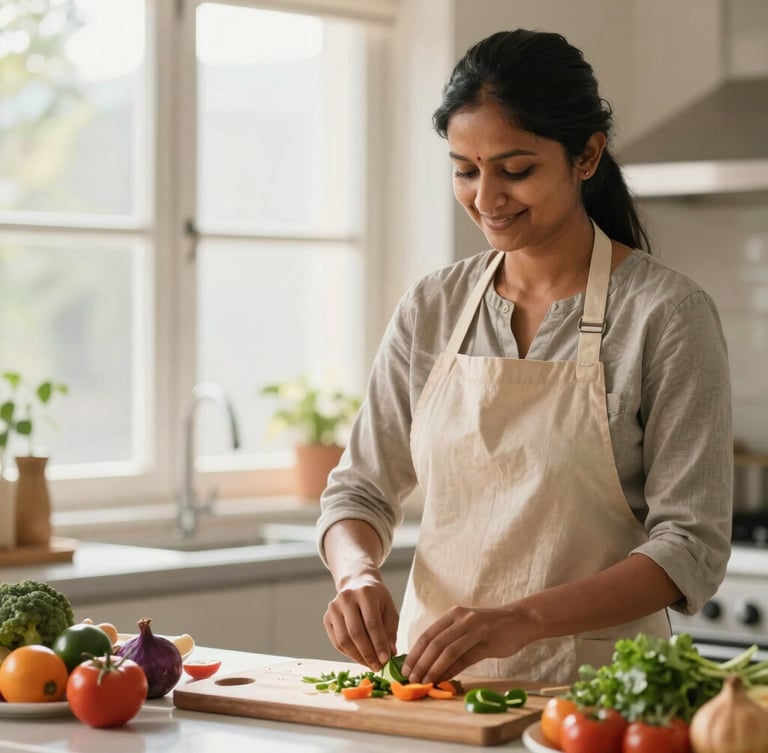 A professional Indian domestic helper in a clean, sunlit kitchen, wearing a neat apron, preparing fresh ingredients with a warm, respectful expression.